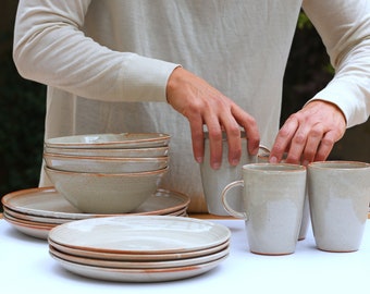 White Pottery Dinnerware Set for 4, Handmade Ceramic Dinnerware, Christmas Dinnerware Set