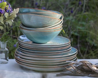 Turquoise Pottery Dinnerware Set for 6, Ceramic Dinnerware Set, Pottery Plate, Pottery Stoneware Handmade Dinnerware, Wedding Gift Idea