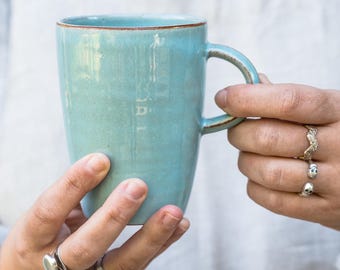 Turquoise Coffee Mug, Large Coffee Mug, Tall Coffee mug, Large Tea Mug, Large Tea Cup, Pottery Mug, Handmade Coffee Mug, Ceramic Coffee Mug