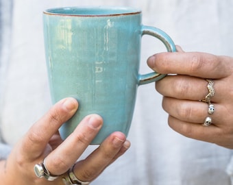 Turquoise Pottery Mug, Ceramic Mug, Tall Coffee mug, Ceramic Coffee Mug, Latte Mug, Large Tea Mug, Large Tea Cup, Handmade Coffee Mug