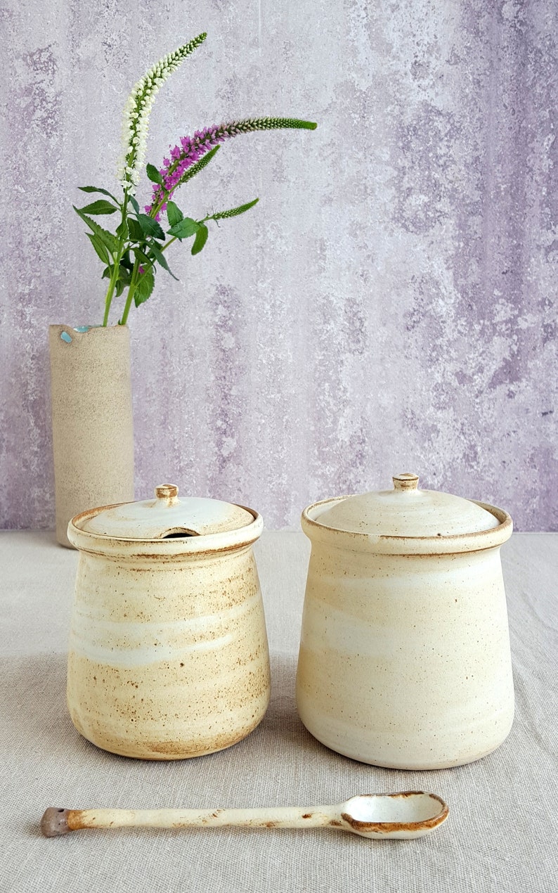 Pottery Sugar Pot with Lid, Ceramic Jar With Lid, Pottery Salt Cellar, Pottery Canister, Rustic Pottery Jar, White Jar, Ceramic Lidded Jar image 7