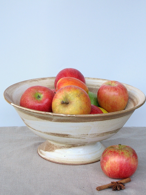 Large Ceramic Pedestal Bowl, Rustic Matte Creamy Glaze, Fruit Display