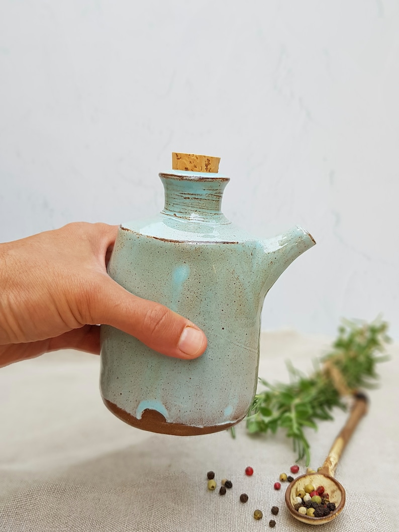 8 Oz Stoneware Olive Oil Cruet Turquoise Olive Oil Bottle Etsy