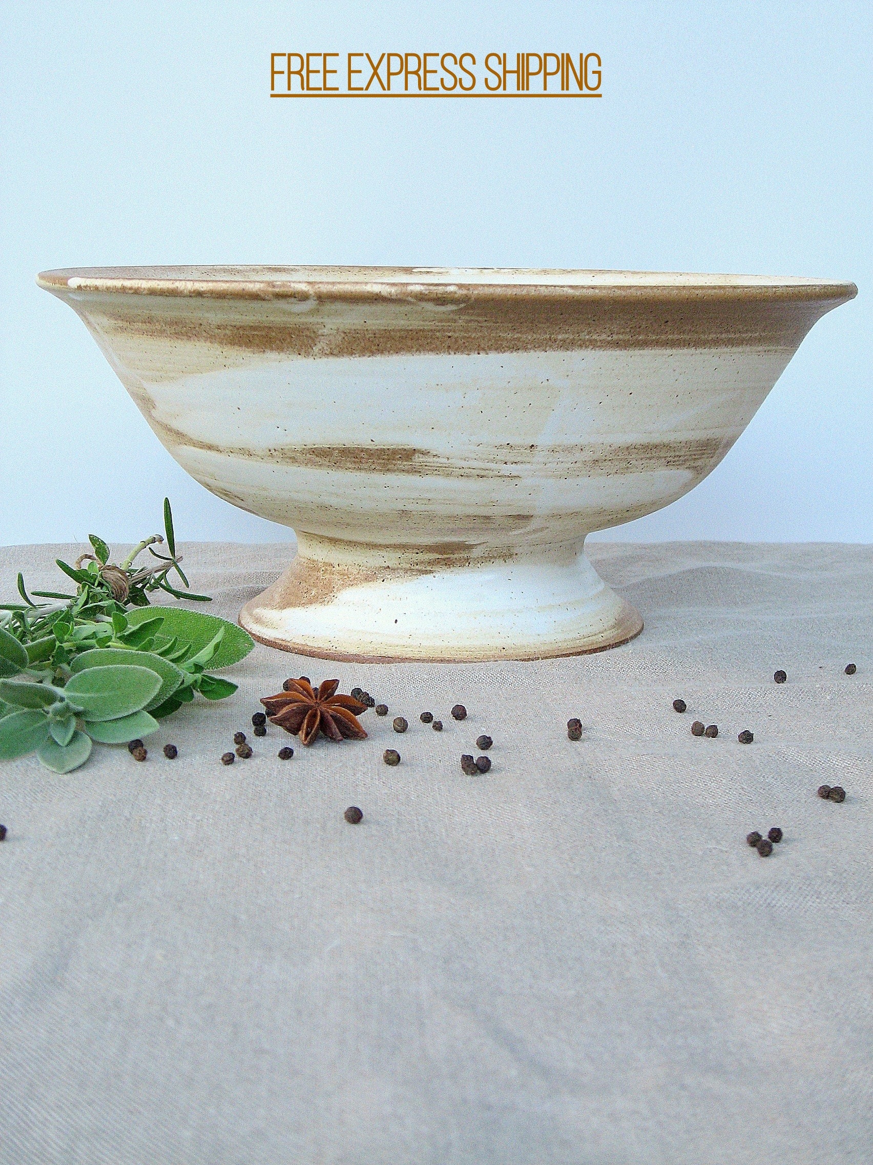 Bol à Pieds, Grand Bol sur Piédestal, Fruits Saladier en Poterie, Céramique Blanche Fait La Main, de