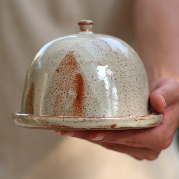 Speckled White Butter Dish, Stoneware Butter Crock, Hostess gift