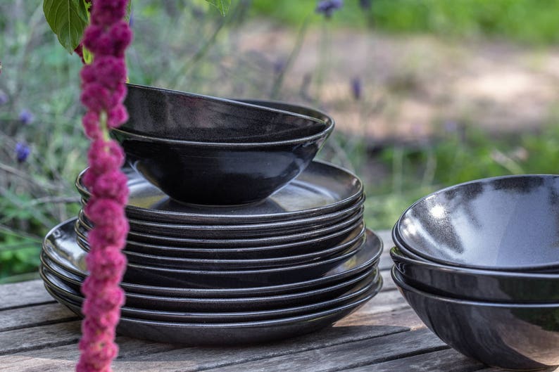 Pottery Dinnerware Set, Stoneware Dinnerware Set, Black Dinnerware Set For 8, Wedding gift image 1