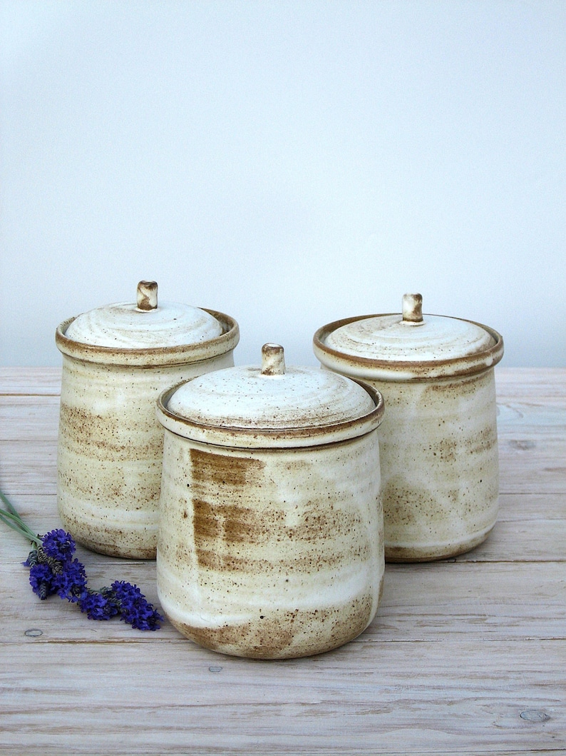 Pottery Sugar Pot with Lid, Ceramic Jar With Lid, Pottery Salt Cellar, Pottery Canister, Rustic Pottery Jar, White Jar, Ceramic Lidded Jar image 1