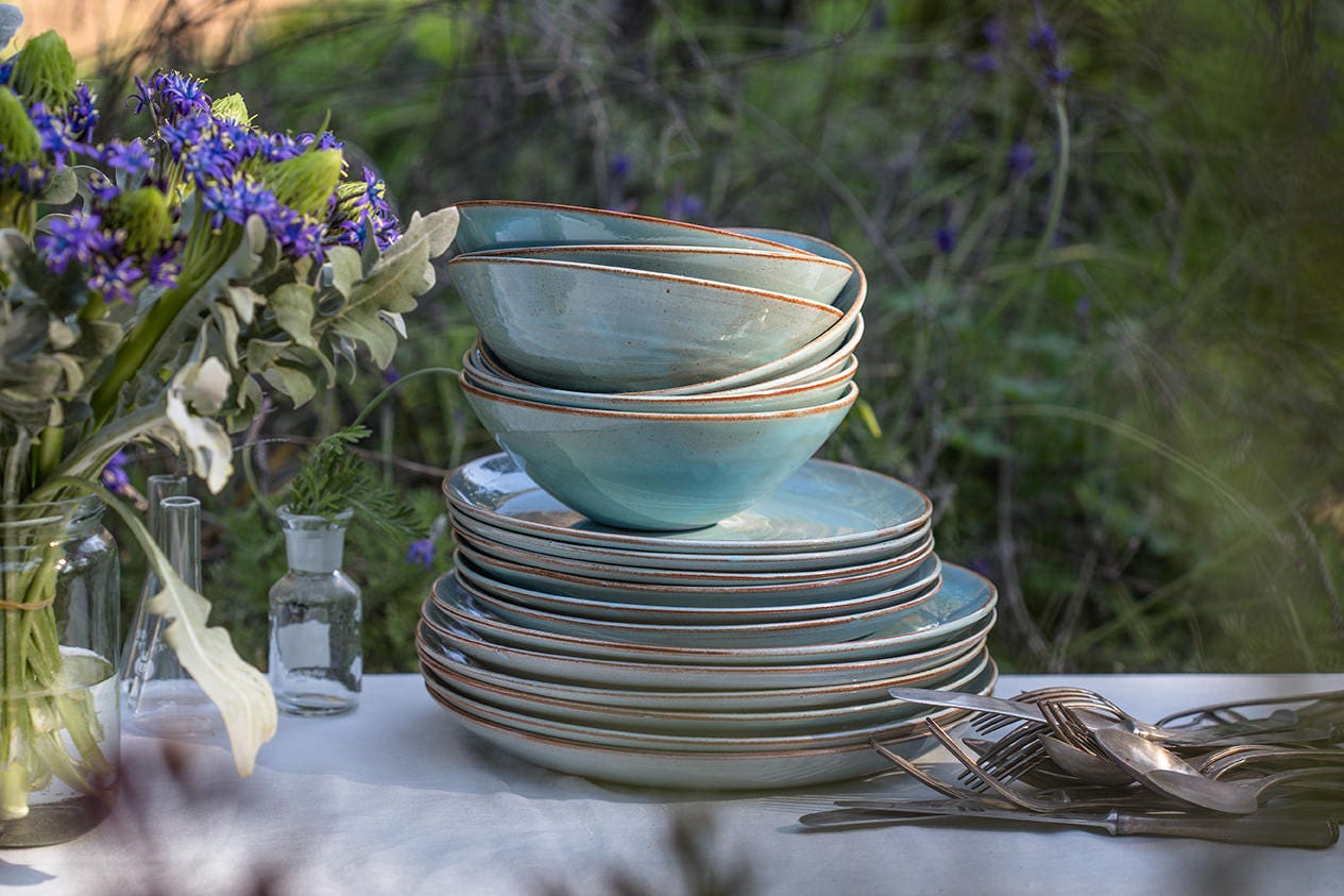 Ensemble de Vaisselle en Poterie Turquoise Pour 6, Ensemble Céramique, Assiette Poterie, Grès Fait à