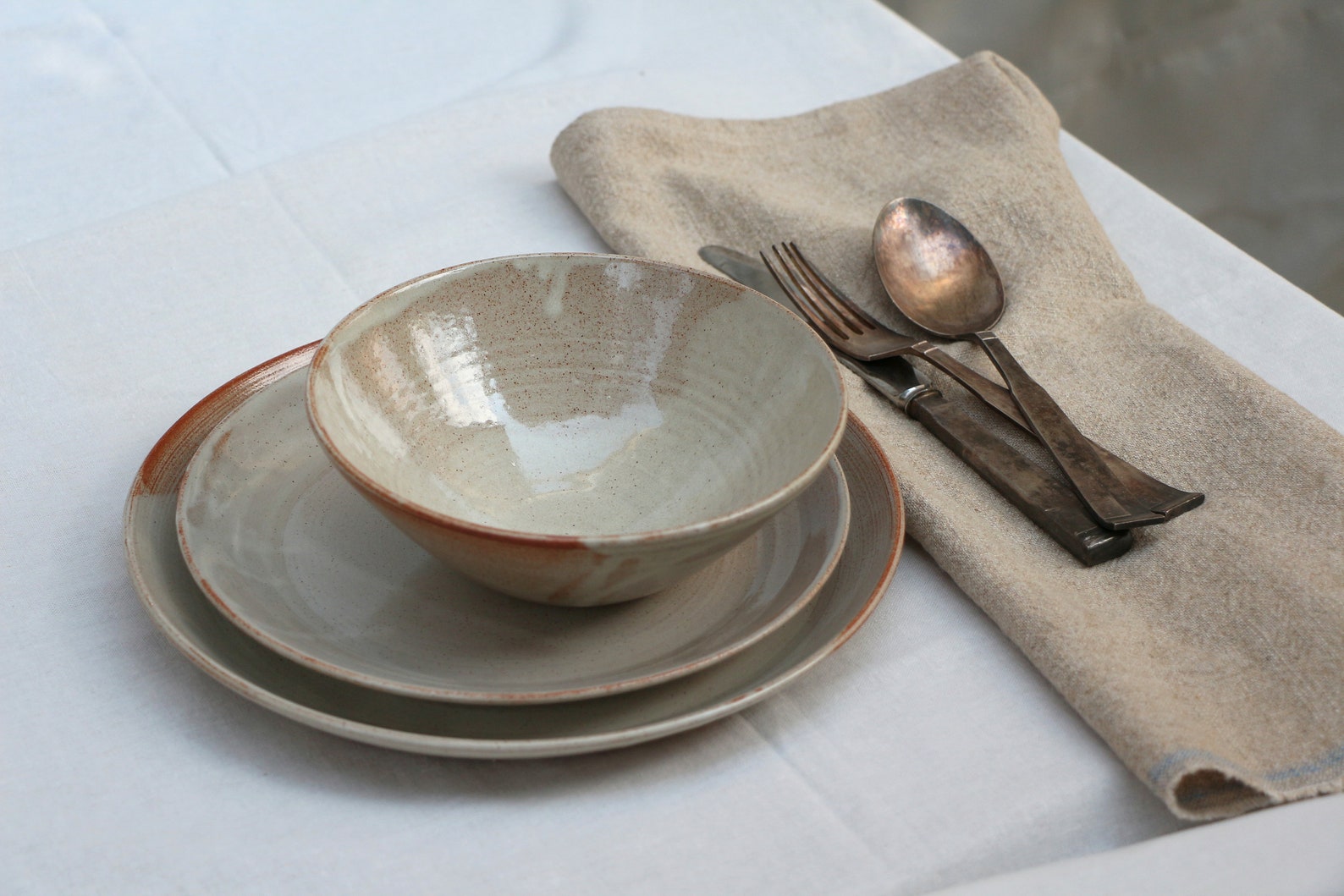 White Speckled Dinnerware Set for 4 Handmade Stoneware Etsy