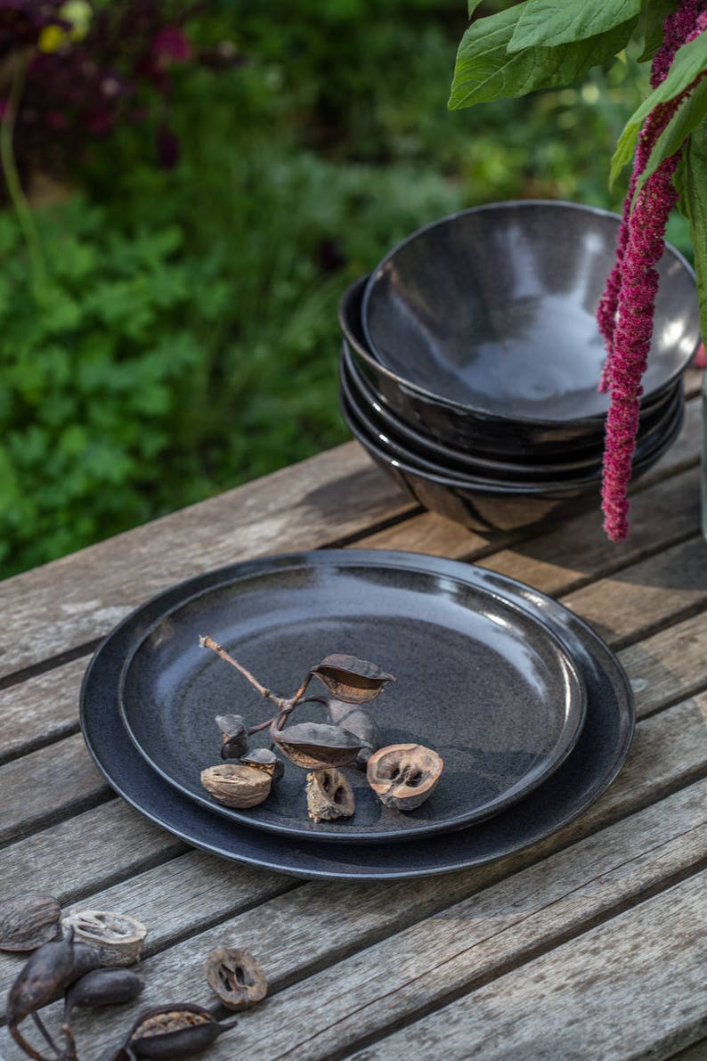 Black Pottery Dinnerware Set for 6 Stoneware Dinnerware Set Etsy