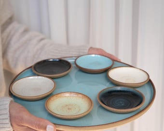 Ceramic Seder Plate with 6 dishes and a free gift, Pottery Passover Plate, Colorful Pesach Plate, Judaica Gift