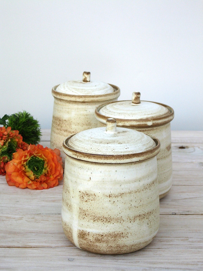 Pottery Sugar Pot with Lid, Ceramic Jar With Lid, Pottery Salt Cellar, Pottery Canister, Rustic Pottery Jar, White Jar, Ceramic Lidded Jar image 3