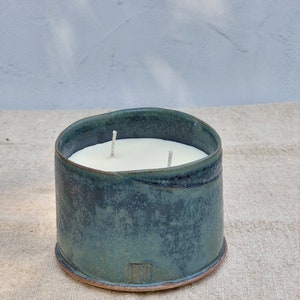 Vela perfumada de cerámica vertida a mano rústica, vela de cerámica de aromaterapia Blue Green