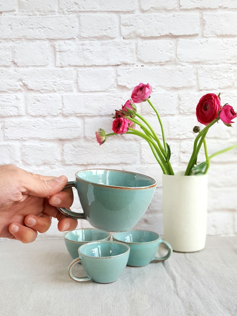 Cappuccino Cup, Rustic Coffee Mug, White Ceramic Mug Turquoise