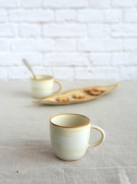 2 Handmade Espresso Mug Set, Father's Day Gift, Small Creamy White Pottery Coffee Cups