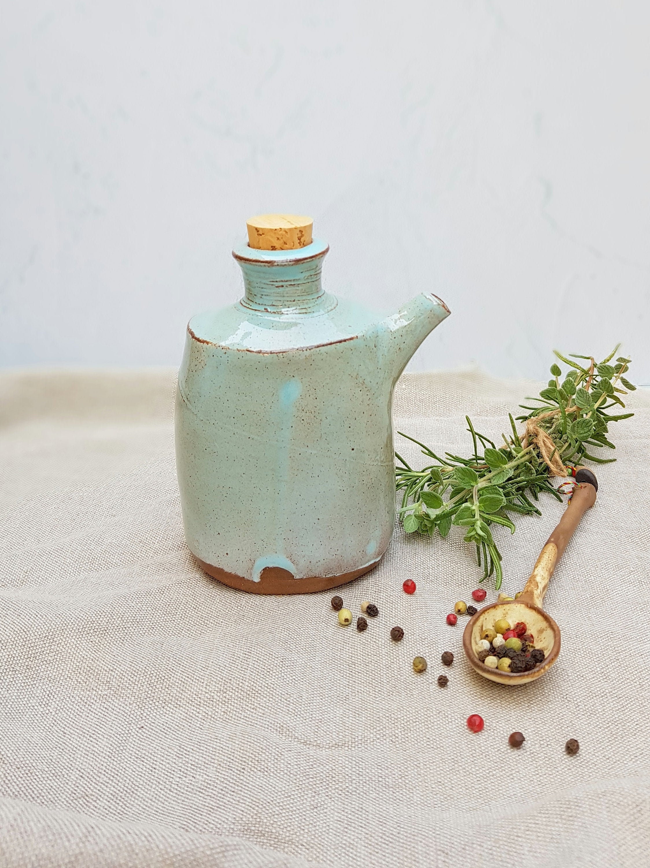 Cruet d'huile d'olive en Grès, Bouteille Turquoise, Distributeur d'olive, Flacon Céramique, de Sauce