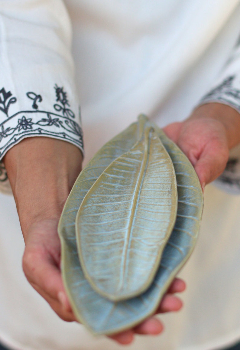 Leaf Plate Ceramic, Leaf Shaped Dish, Handmade Ring Dish, Jewelry Holder, Light Blue Leaf Plate, Jewelry Display, Organic Stoneware Platter image 1