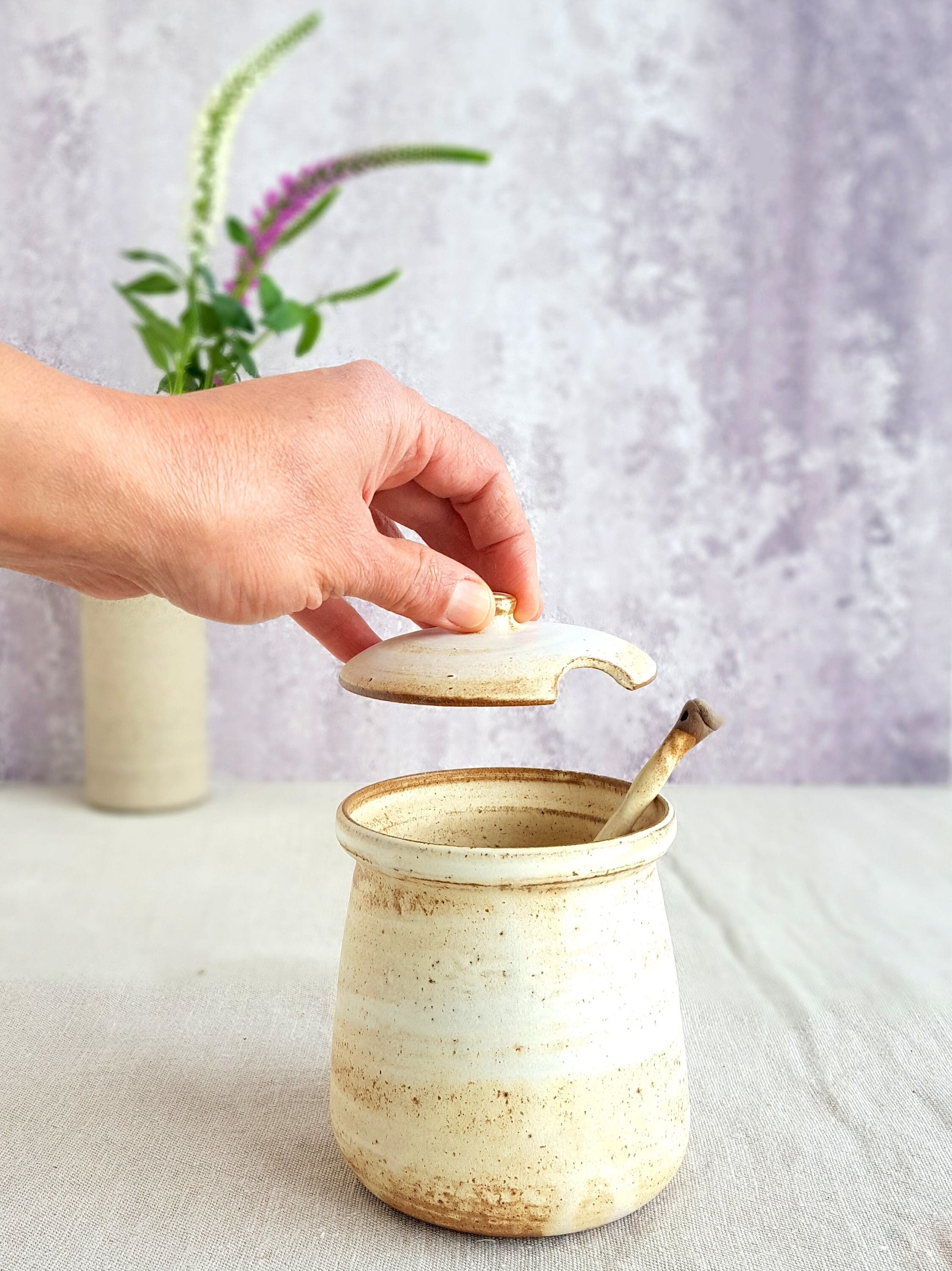 Pot de Miel en Céramique, Cave à Sel Pot Sucre, Poterie Rustique, Blanc, Confiture Poterie, Céramiqu