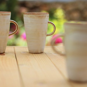 Pu&ograve; includere: Tre tazze in ceramica bianca con bordi marroni sono appoggiate su un tavolo di legno. Le tazze hanno una finitura testurizzata leggermente macchiata.