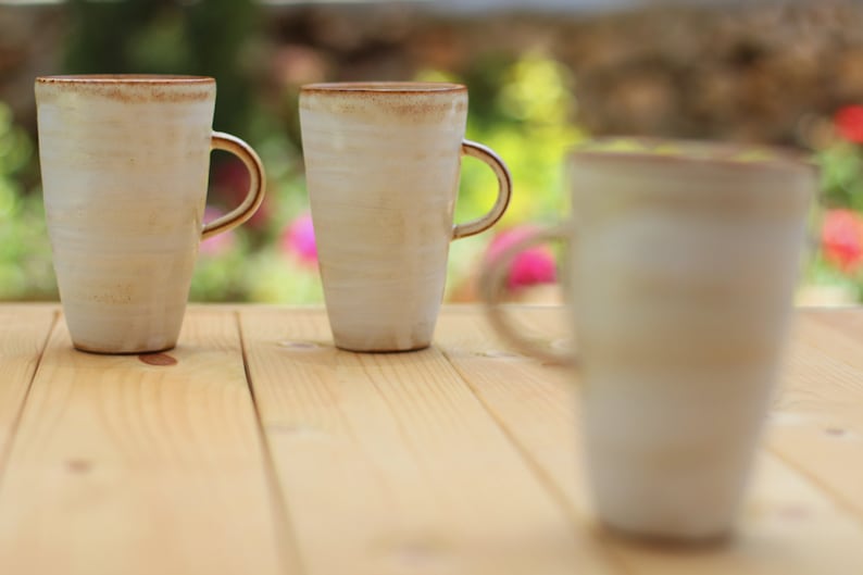 Pu&ograve; includere: Tre tazze in ceramica bianca con bordi marroni sono appoggiate su un tavolo di legno. Le tazze hanno una finitura testurizzata leggermente macchiata.