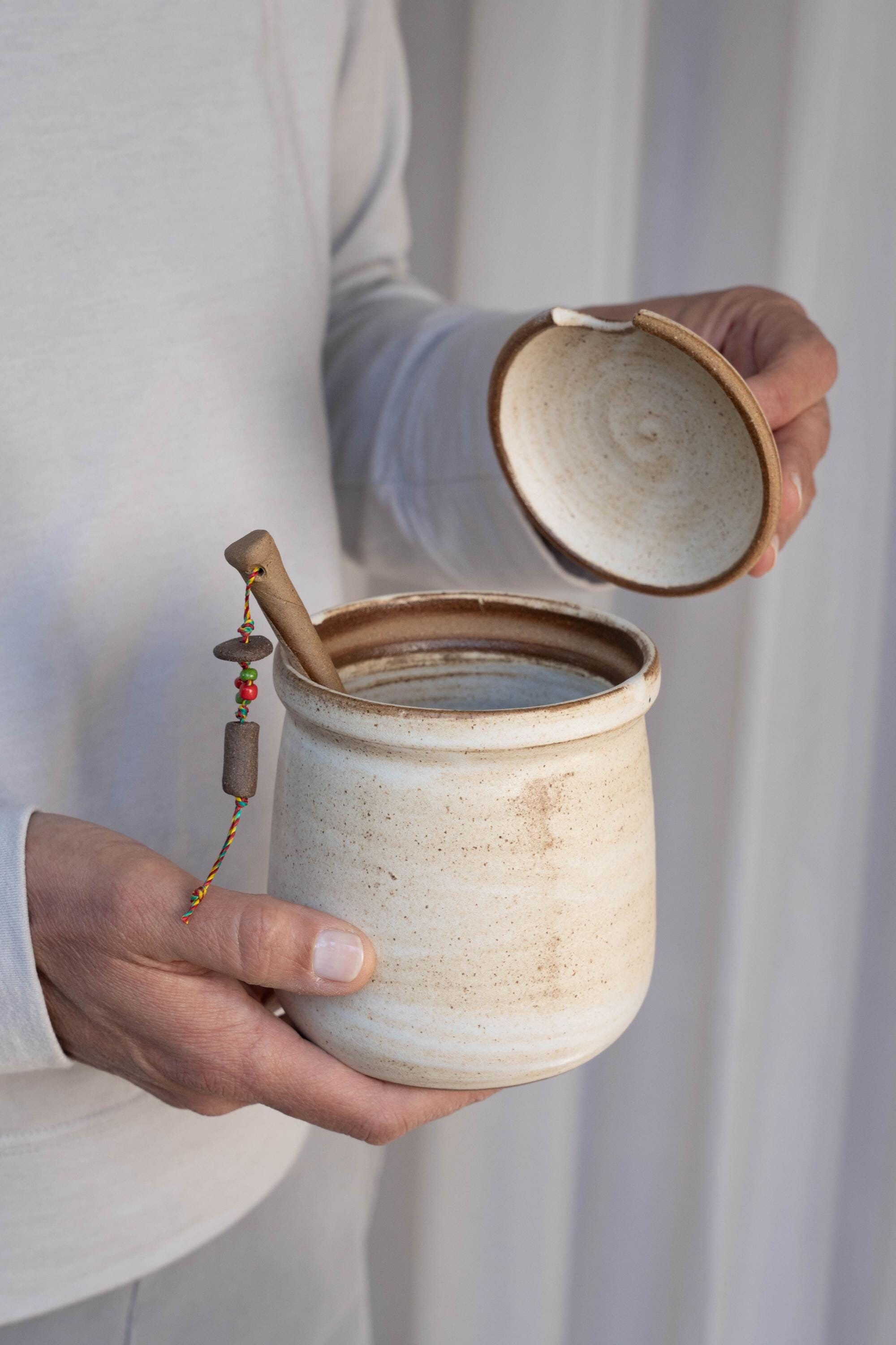 Rustic Ceramic Honey Jar with Lid Handmade Salt Cellar Sugar Pot…