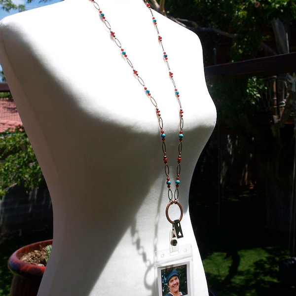 Ovals, Carnelian and Turquoise - Model 210 Lanyard Badge Holder Necklace