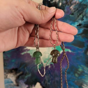 Jade or Brown and Hunter Green Braided Hemp Mushroom Gemstone Pendant Necklace