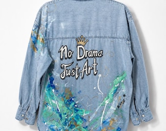 Chaqueta vaquera pintada a mano, sin dramas, solo arte, de algodón extragrande con botones delanteros, talla S