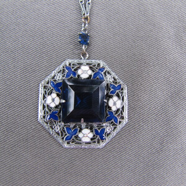 Vintage 1920's blue floral enameled pendant necklace
