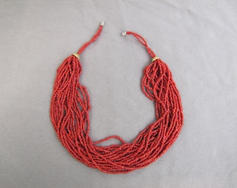 Vintage red coral seed bead and 14k gold choker necklace