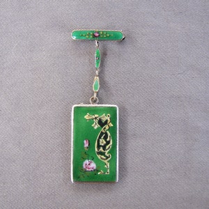 Antique Victorian green enamel and sterling silver locket bar pin brooch