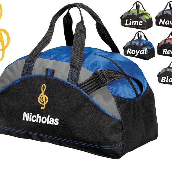 Personalized Kids Duffel Bag, Treble Clef Design, Gym Bag, School Band, Contrast Piping Stitching, Embroidered Name, Music Gift Student Gift