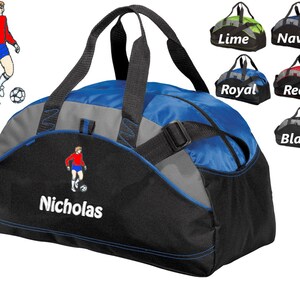 Personalized Kids Duffel Bag, Soccer Player Design, Gym Bag, School Sports, Contrast Stitching, Embroidered Name, Soccer Gift