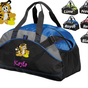 Personalized Kids Duffel Bag Gym Bag School PE Contrast Piping and Stitching Embroidered with Baby Tiger and Name or Text of Your Choice