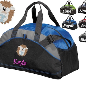 Personalized Kids Duffel Bag Gym School PE Contrast Piping and Stitching Embroidered with Baby Hedgehog and Name or Text of Your Choice
