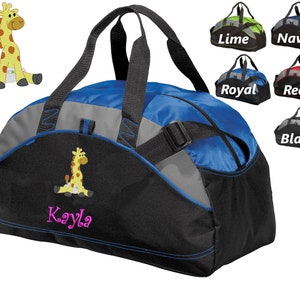 Personalized Kids Duffel Bag Gym School PE Contrast Piping and Stitching Embroidered with Baby Giraffe and Name or Text of Your Choice