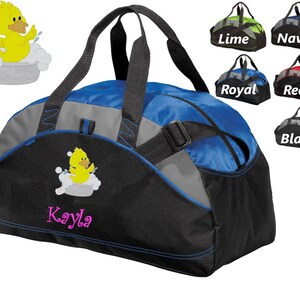 Personalized Kids Duffel Bag Gym School PE Contrast Piping and Stitching Embroidered with Baby Duckling and Name or Text of Your Choice