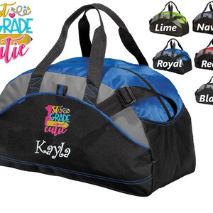 Personalized Kids First Grade Duffel Bag Cutie, Duffle Gym, School PE Student Gift Contrast Piping and Stitching Embroidered with Name