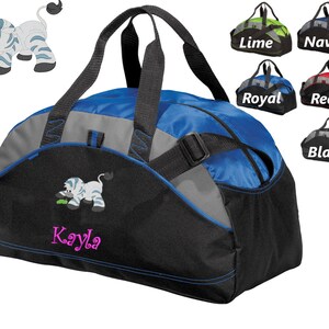 Personalized Kids Duffel Bag Gym Bag School PE Contrast Piping and Stitching Embroidered with Baby Zebra and Name or Text of Your Choice