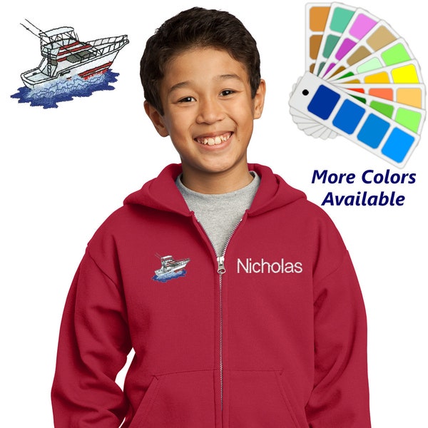 Personalized Kids Hoodie Sweatshirt Zipper Embroidered Sport Fishing Boat Yacht Design with a Name of Your Choice