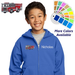 Personalized Kids Hoodie Sweatshirt Fireman Zipper Embroidered Fire Engine with a Name of Your Choice