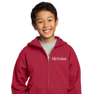 Personalized Red Kids Hoodie Sweatshirt Zipper Embroidered with a Name of Your Choice