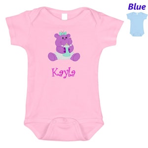 Personalized Baby Onesie Pink Blue Embroidered Baby Hippo Newborn One Piece Body Suit Baby Shower Gift Monogrammed with Your Baby&#39;s Name