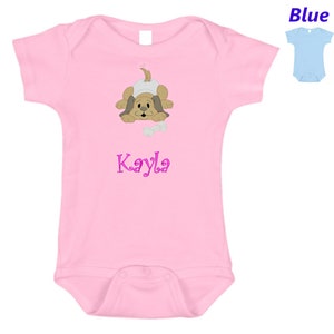 Personalized Baby Onesie Pink Blue Embroidered Baby Puppy Dog Newborn One Piece Body Suit Baby Shower Gift Monogrammed Your Baby&#39;s Name