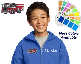 Personalized Kids Hoodie Sweatshirt Fireman Zipper Embroidered Fire Engine with a Name of Your Choice