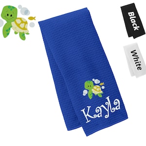 Personalized Towel Baby Turtle Design, Kitchen Towel, Hand Towel, Bathroom Towel, Waffle Microfiber, Embroidered Name, Kids Gift, Mom Gift