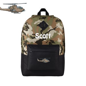 Personalized Camouflage Kids Backpack, Embroidered Cobra Helicopter, Military, Monogrammed Custom Name, Perfect Kids School Gift