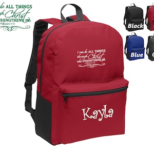 Personalized Kids Backpack Embroidered Christ Strengthens Religious Monogrammed with Name of Your Choice Perfect Kids School Gift