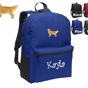 May include: Blue backpack with a black bottom, featuring an embroidered golden retriever and the name "Kayla" in white cursive. The backpack is shown against a white background with other color options for the backpack.