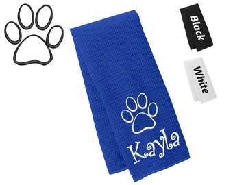 Personalized Dog Towel, Paw Print, Hand Towel, Grooming Towel, Waffle Microfiber, Embroidered Your Pets Name, Monogrammed Dog Gift
